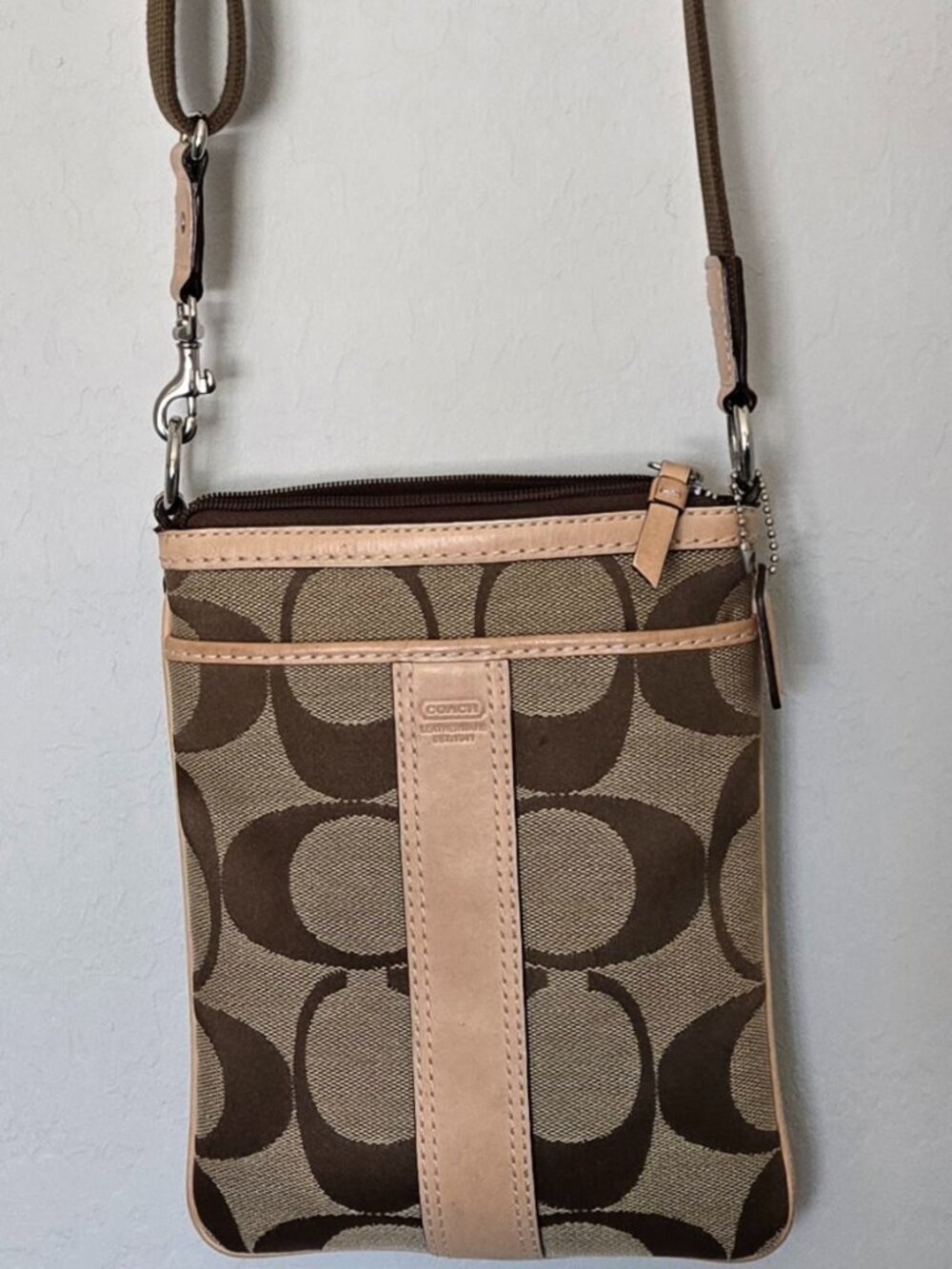 Coach Signature Jacquard Crossbody Bag Brown Tan Canvas Leather A06Q-4680